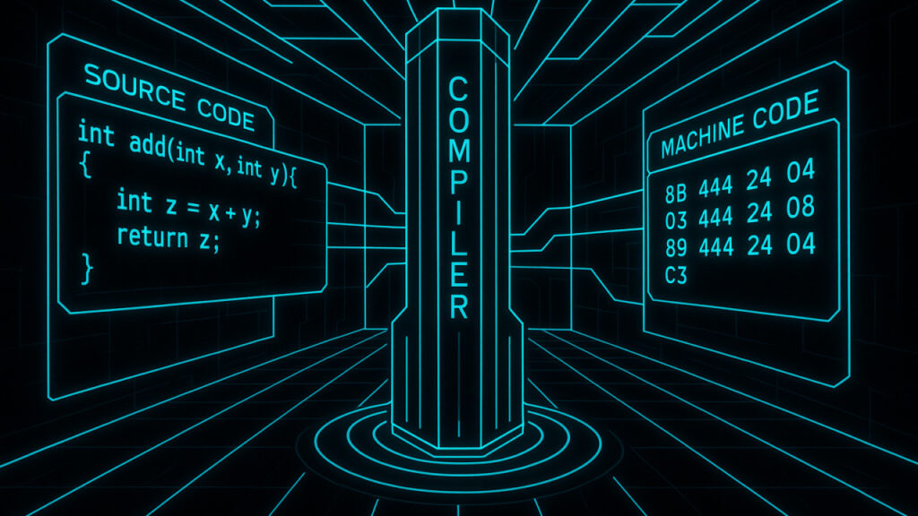 A compiler converting source code into machine code