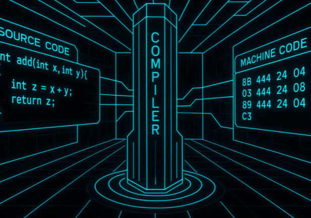 A compiler converting source code into machine code